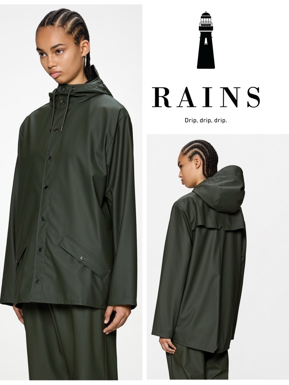 NWOt Rains Unisex Hooded Rain Jacket in Olive Green